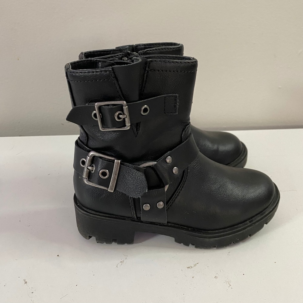 Lylah Moto Boots Kids Size 11M Black Buckle Strap Lug Sole Zipper